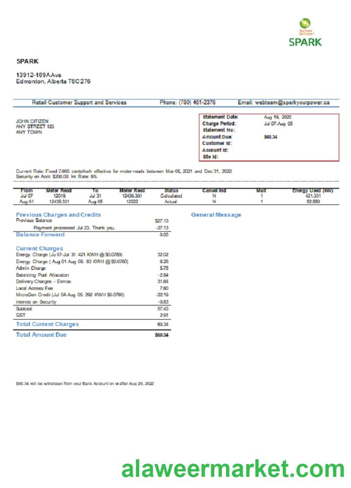 Canada Alberta Spark utility bill